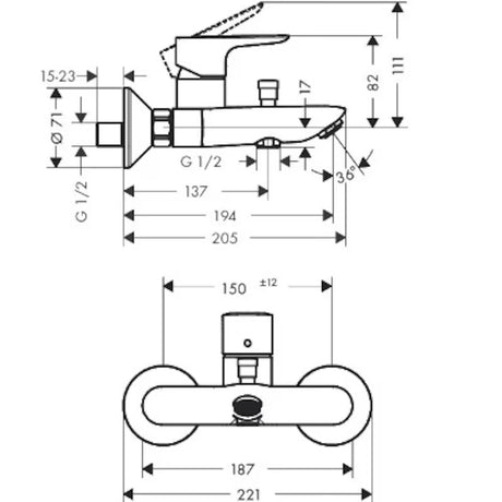 Hansgrohe Talis E zidna jednoručna baterija miješalica za kadu u krom izvedbi s izljevom u kade i preusmjerivačem na tuš