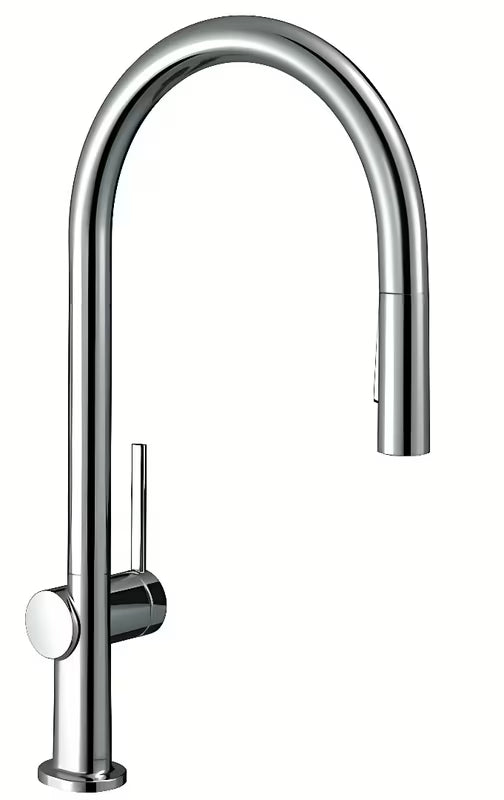 Kromirana miješalica za sudoper Hansgrohe Talis M54 s visokim lučnim izljevom i izvlačnim tušem.