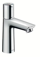 Kromirana miješalica za umivaonik Hansgrohe Talis Select E s tipkom Select i modernim četvrtastim dizajnom.