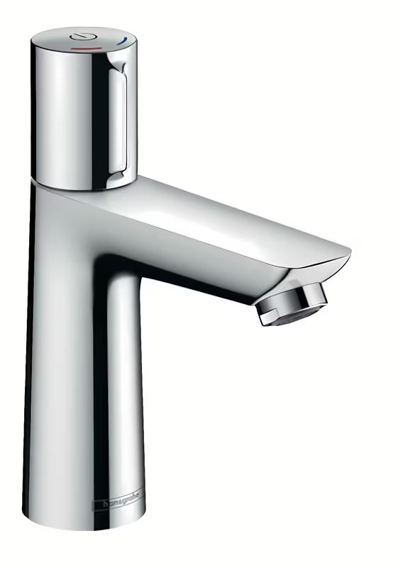 Kromirana miješalica za umivaonik Hansgrohe Talis Select E s tipkom Select i modernim četvrtastim dizajnom.