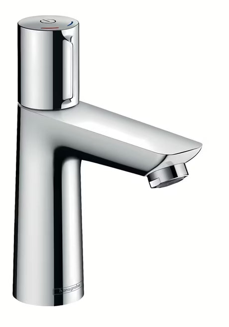 Kromirana miješalica za umivaonik Hansgrohe Talis Select E s tipkom Select i modernim četvrtastim dizajnom.