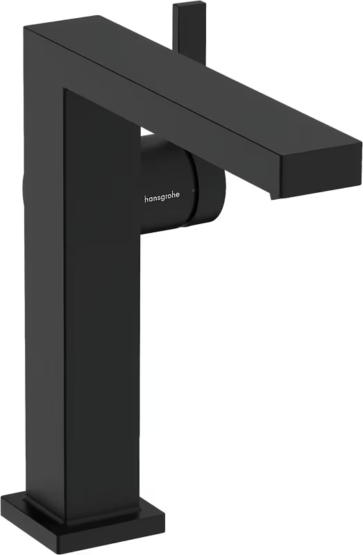 Mat crna jednoručna baterija miješalica za umivaonik Hansgrohe Tecturis E s bočnom ručicom i četvrtastim dizajnom.
