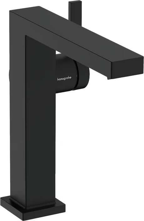 Mat crna jednoručna baterija miješalica za umivaonik Hansgrohe Tecturis E s bočnom ručicom i četvrtastim dizajnom.