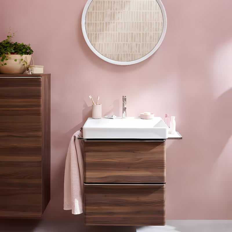 Kromirana jednoručna baterija miješalica za umivaonik Hansgrohe Tecturis S 110 s odvodom s tehnologijama za uštedu vode EcoSmart+ i AirPower.