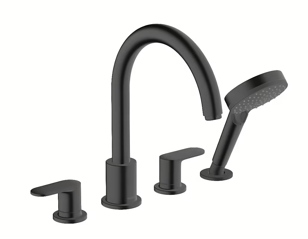 Hansgrohe Vernis Blend ventilna miješalica za kadu na rub kade s tušem u mat crnoj boji.