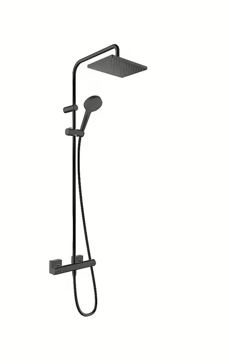 Hansgrohe Vernis Shape tuš sustav s termostatskom miješalicom u mat crnoj boji s nadglavnim i ručnim tušem.
