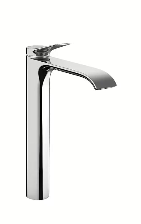 Visoka jednoručna baterija miješalica za umivaonik Hansgrohe Vivenis u krom izvedbi s ekstra širokim mlazom.