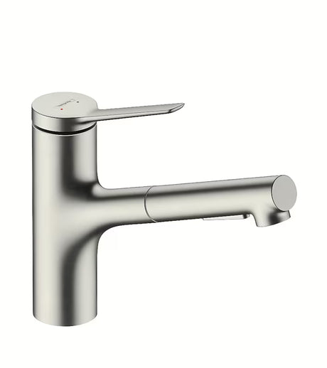 Miješalica za Sudoper Hansgrohe Zesis u izgledu nehrđajućeg čelika s izvlačivim tušem i prebacivanjem dvaju mlazova.