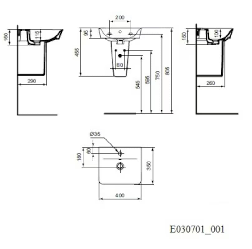 Bijeli keramički mali umivaonik Ideal Standard Connect Air 40x35 cm s četvrtastim minimalističkim dizajnom