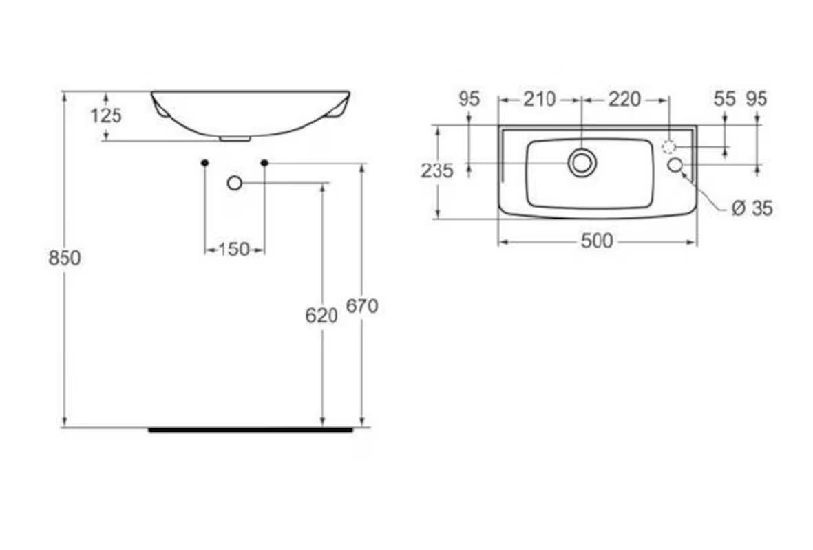 Bijeli mali umivaonik Ideal Standard Eurovit 50 x 23,5 cm s bočnim otvorom za pro slavinu desno.