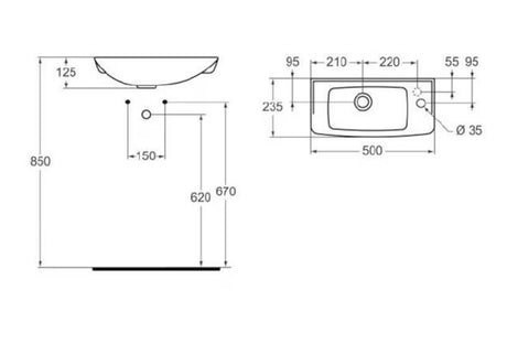 Bijeli mali umivaonik Ideal Standard Eurovit 50 x 23,5 cm s bočnim otvorom za pro slavinu desno.