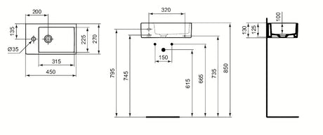 Ideal Standard Strada keramički mali umivaonik 45 x 27 cm u bijeloj boji s otvorom pro za slavinu lijevo