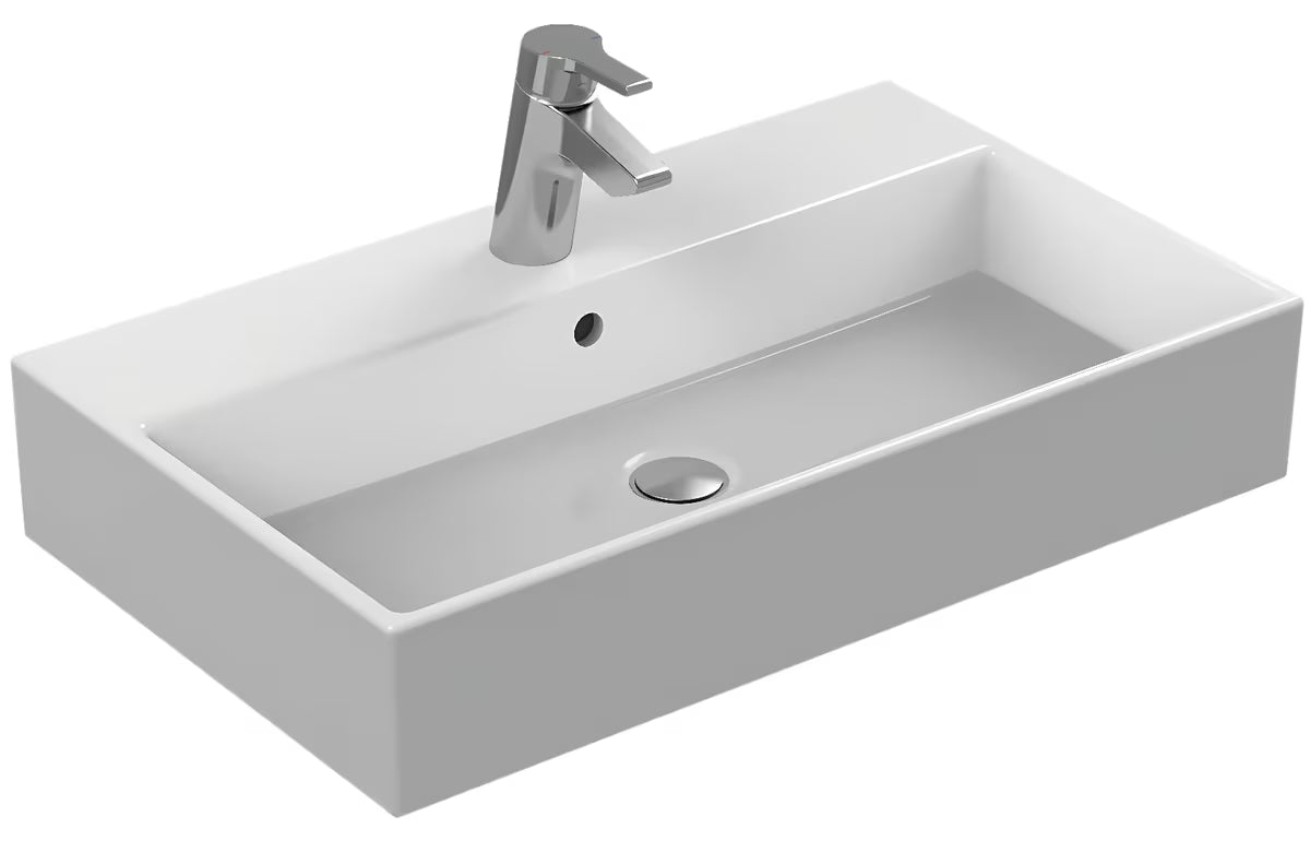 Bijeli keramički viseći umivaonik Ideal Standard Strada 71x42 cm s otvorom za pro slavinu u sredini.