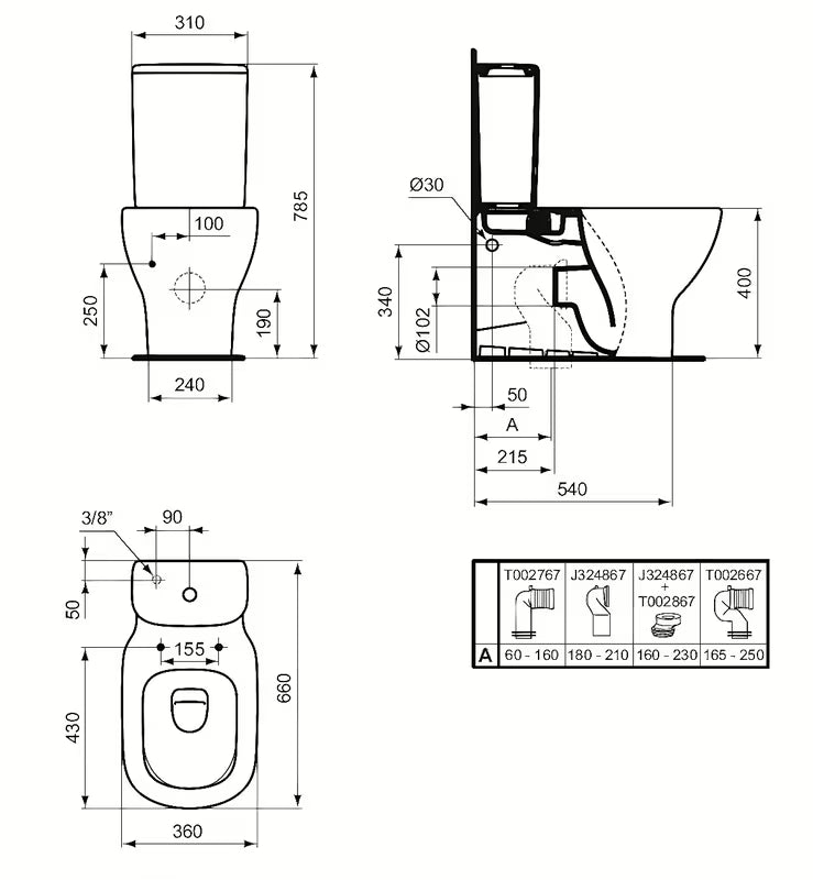 Ideal Standard Tesi WC kombi u bijeloj boji bez vodokotlića i bez WC deske