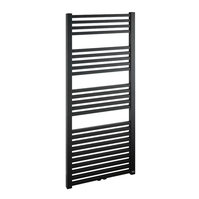 Kombinirani radijator Isan Quadrat u crnoj mat boji sa središnjim zidnim priključkom.