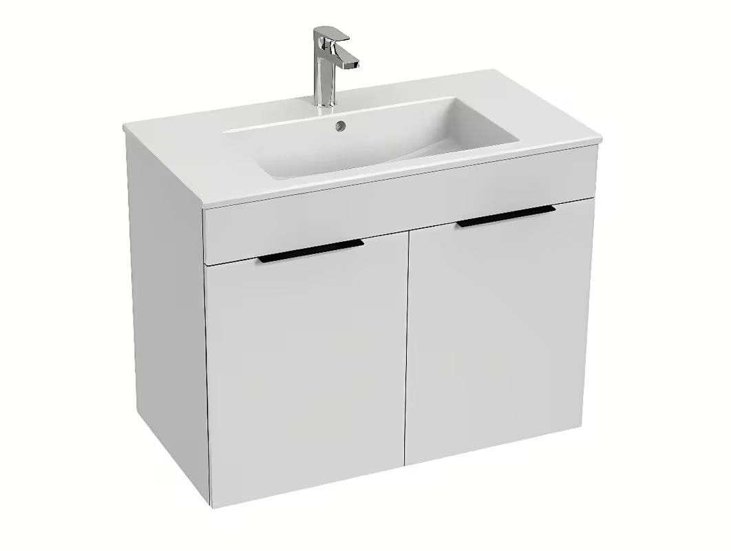 Bijeli viseća ormarić Jika Cube s keramičkim umivaonikom i sporim zatvaranjem