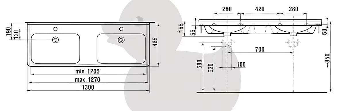 Keramički dvostruki umivaonik Jika Cubito bijeli, 130 x 48,5 cm, s dva otvora pro za slavinu u sredini