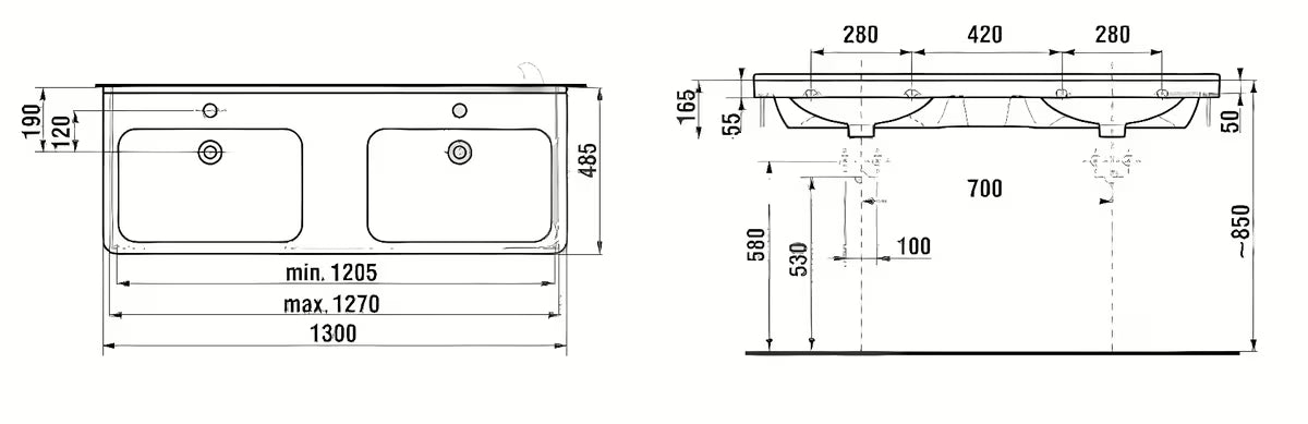 Keramički dvostruki umivaonik Jika Cubito bijeli, 130 x 48,5 cm, s dva otvora pro za slavinu u sredini