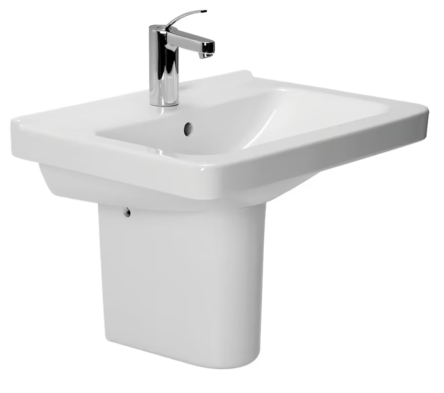 Keramički viseći umivaonik Jika Cubito bijele boje, četvrtastog oblika i s otvorom pro za slavinu u sredini.