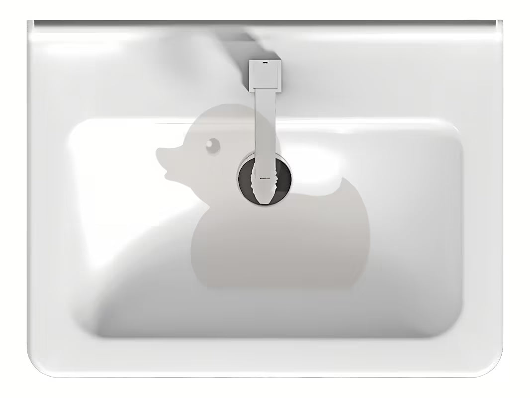 Keramički viseći umivaonik Jika Cubito bijele boje, četvrtastog oblika i s otvorom pro za slavinu u sredini.