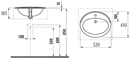Bijeli ugradbeni umivaonik Jika Ibon za ugradnju u ploču s otvorom pro za slavinu u sredini i preljevom
