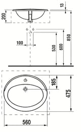 Ugradbeni umivaonik Jika Ibon za ugradnju u ploču s otvorom pro za slavinu i preljevom, 56 x 47,5 cm, bijela.