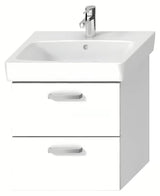 Bijela viseća ormarić ispod umivaonika Jika Lyra Plus Viva 54x41,6x55 cm s ručkicama od brušenog nikla.