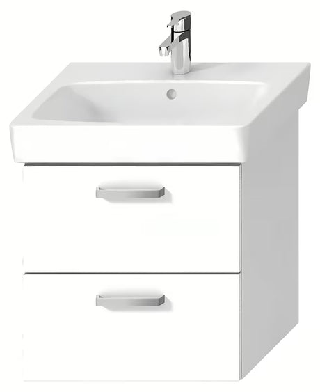 Bijela viseća ormarić ispod umivaonika Jika Lyra Plus Viva 54x41,6x55 cm s ručkicama od brušenog nikla.