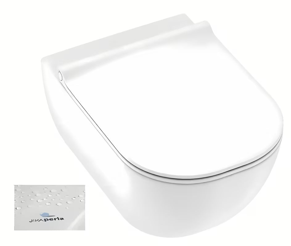 Bijeli viseća WC školjka Jika Mio-N s tehnologijom Rimless, skrivenim pričvršćenjem i završnom obradom Jika Perla.
