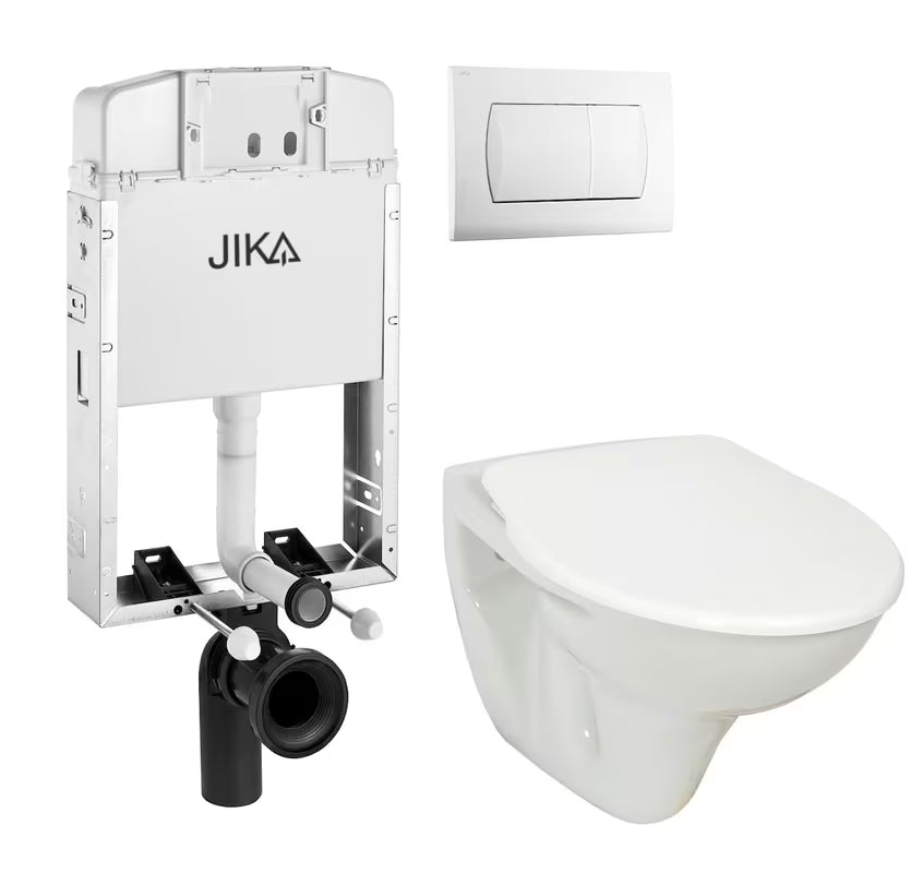 Viseći WC set Jika S-Line Pro s ugradbenim vodokotlićem, bijelom dvokoličinskom tipkom i daskom
