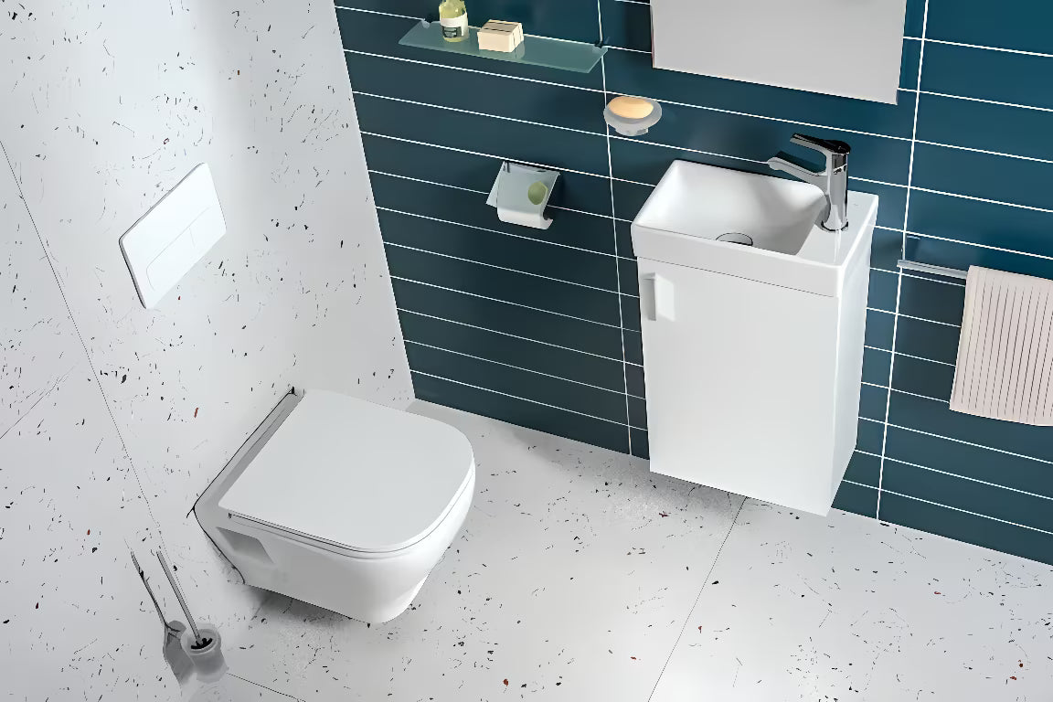 Bijeli viseća ormarić Jika Petit s keramičkim umivaonikom u minimalističkom dizajnu