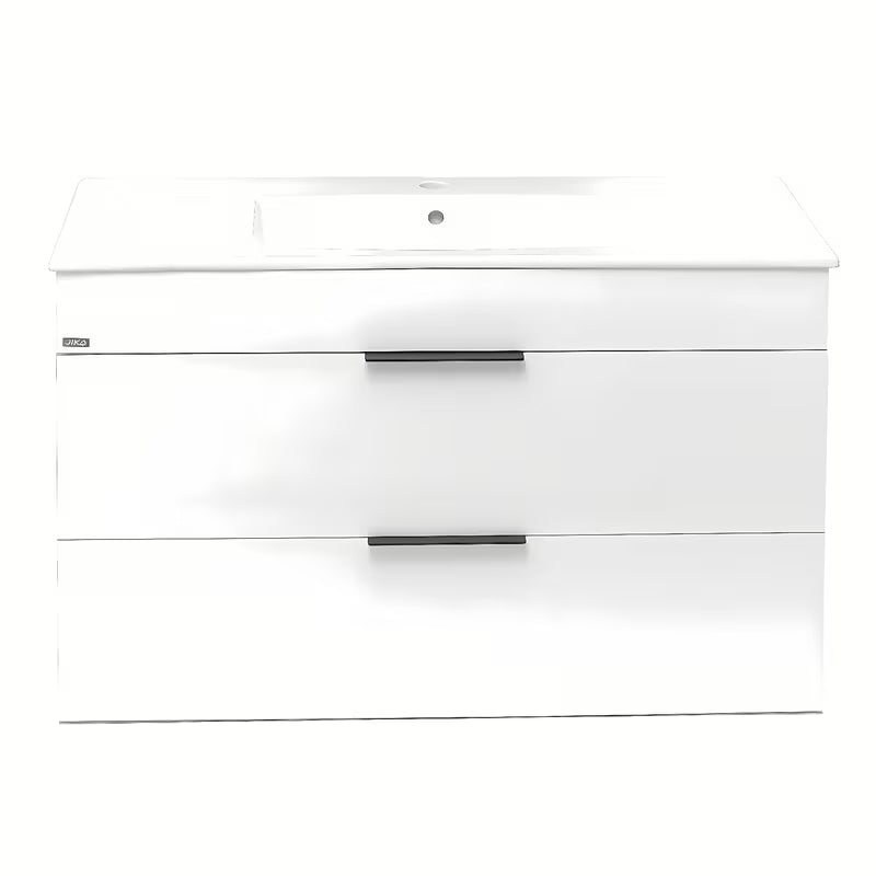 Bijeli viseća ormarić Jika Plan s keramičkim umivaonikom i ladicama s punim izvlačenjem