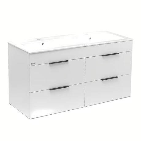 Bijeli viseća kupaonski ormarić Jika Plan s keramičkim dvostrukim umivaonikom i ladicama s punim izvlačenjem.