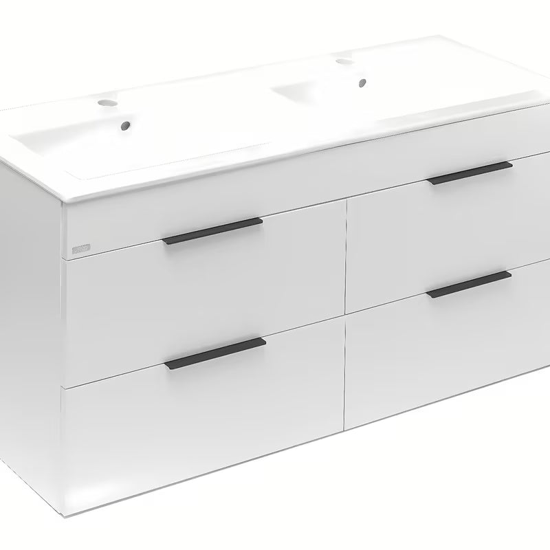 Bijeli viseća kupaonski ormarić Jika Plan s keramičkim dvostrukim umivaonikom i ladicama s punim izvlačenjem.