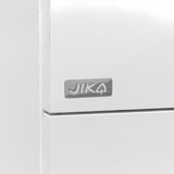 Bijeli viseća kupaonski ormarić Jika Plan s keramičkim dvostrukim umivaonikom i ladicama s punim izvlačenjem.