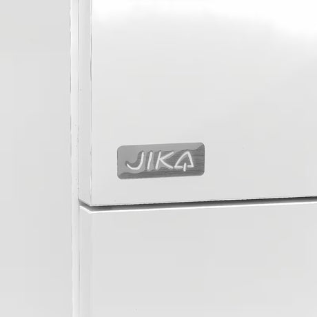 Bijeli viseća kupaonski ormarić Jika Plan s keramičkim dvostrukim umivaonikom i ladicama s punim izvlačenjem.