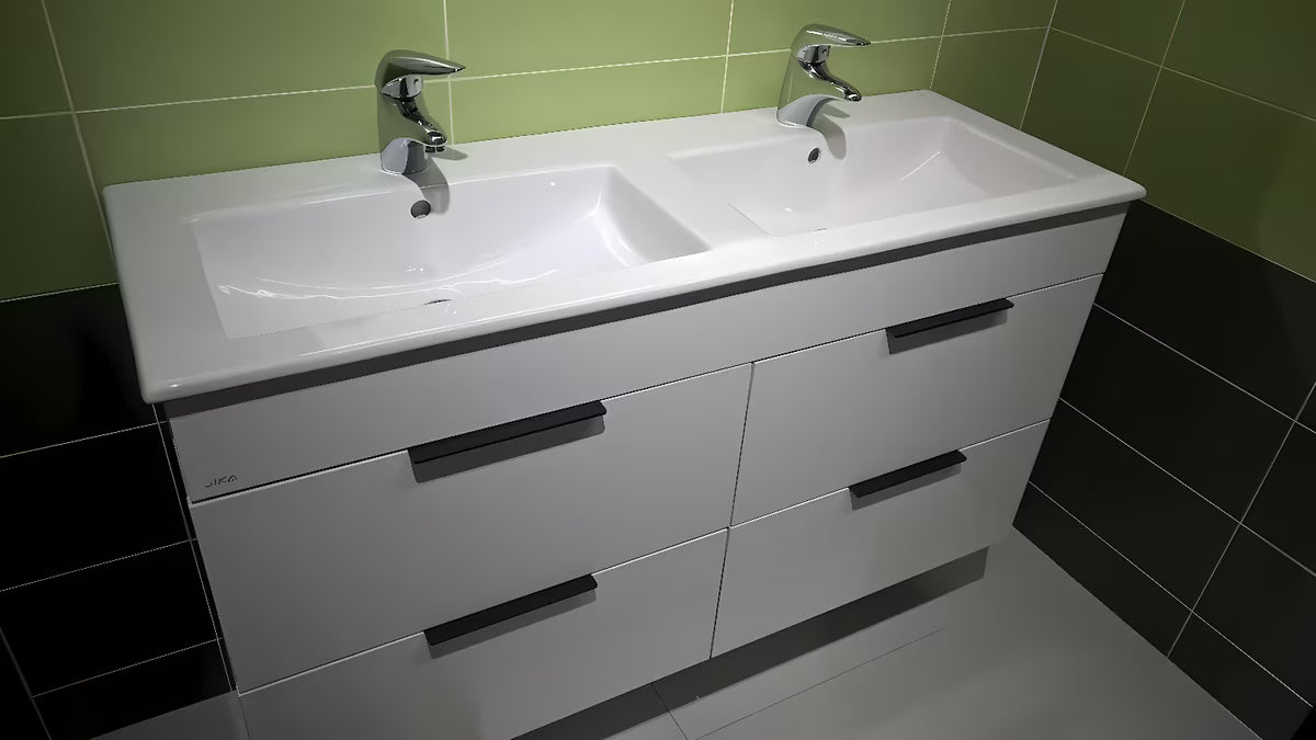 Bijeli viseća kupaonski ormarić Jika Plan s keramičkim dvostrukim umivaonikom i ladicama s punim izvlačenjem.