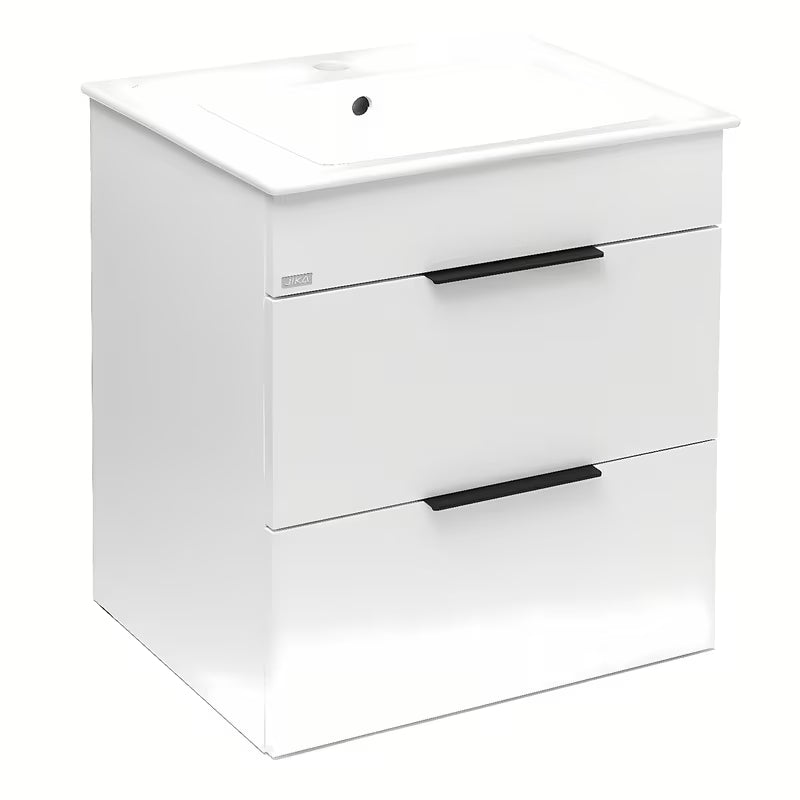 Bijeli viseća ormarić s keramičkim umivaonikom Jika Plan s ladicama s potpunim izvlačenjem