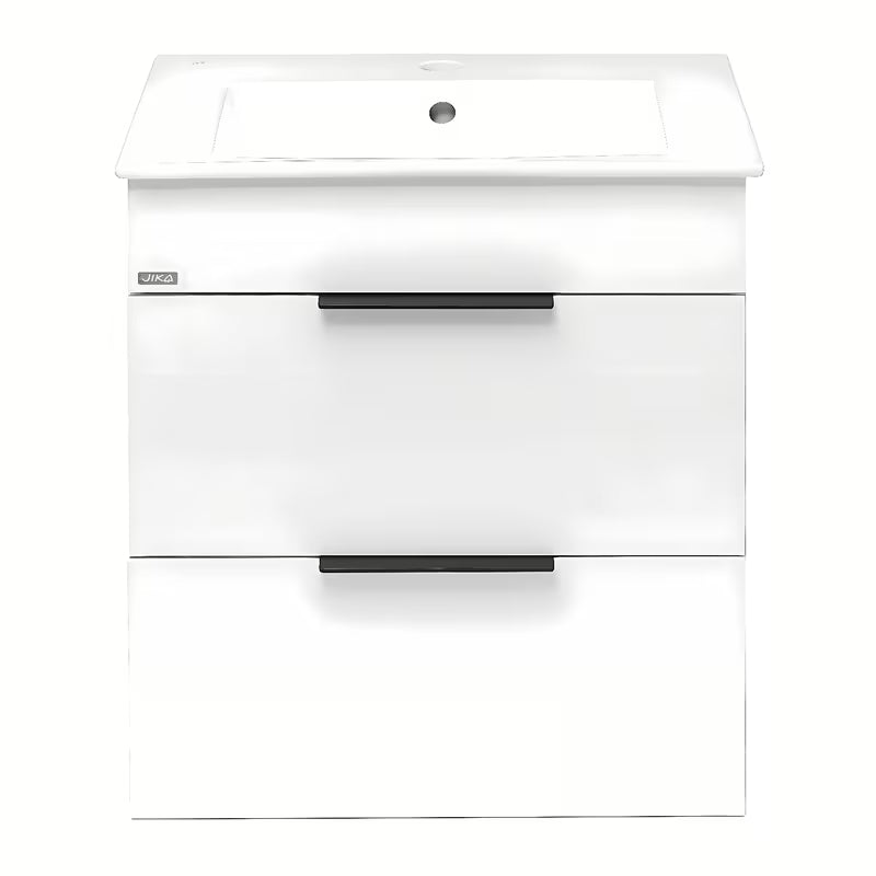 Bijeli viseća ormarić s keramičkim umivaonikom Jika Plan s ladicama s potpunim izvlačenjem