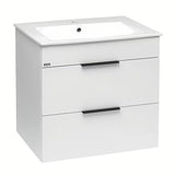 Bijeli viseća ormarić Jika Plan s keramičkim umivaonikom i ladicama s potpunim izvlačenjem.