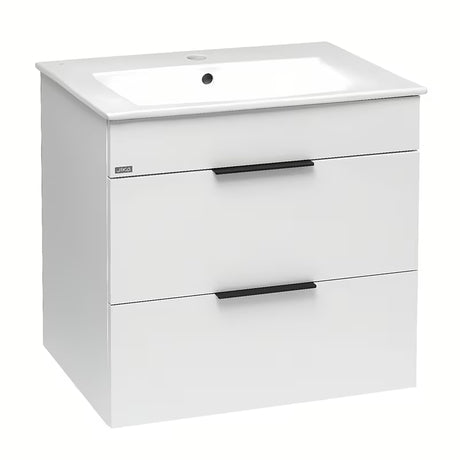 Bijeli viseća ormarić Jika Plan s keramičkim umivaonikom i ladicama s potpunim izvlačenjem.