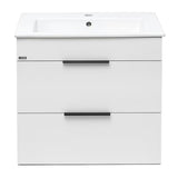 Bijeli viseća ormarić Jika Plan s keramičkim umivaonikom i ladicama s potpunim izvlačenjem.