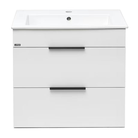 Bijeli viseća ormarić Jika Plan s keramičkim umivaonikom i ladicama s potpunim izvlačenjem.