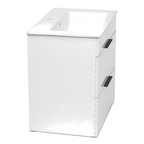 Bijeli viseća ormarić Jika Plan s keramičkim umivaonikom i ladicama s potpunim izvlačenjem.