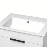 Bijeli viseća ormarić Jika Plan s keramičkim umivaonikom i ladicama s potpunim izvlačenjem.