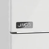 Bijeli viseća ormarić Jika Plan s keramičkim umivaonikom i ladicama s potpunim izvlačenjem.