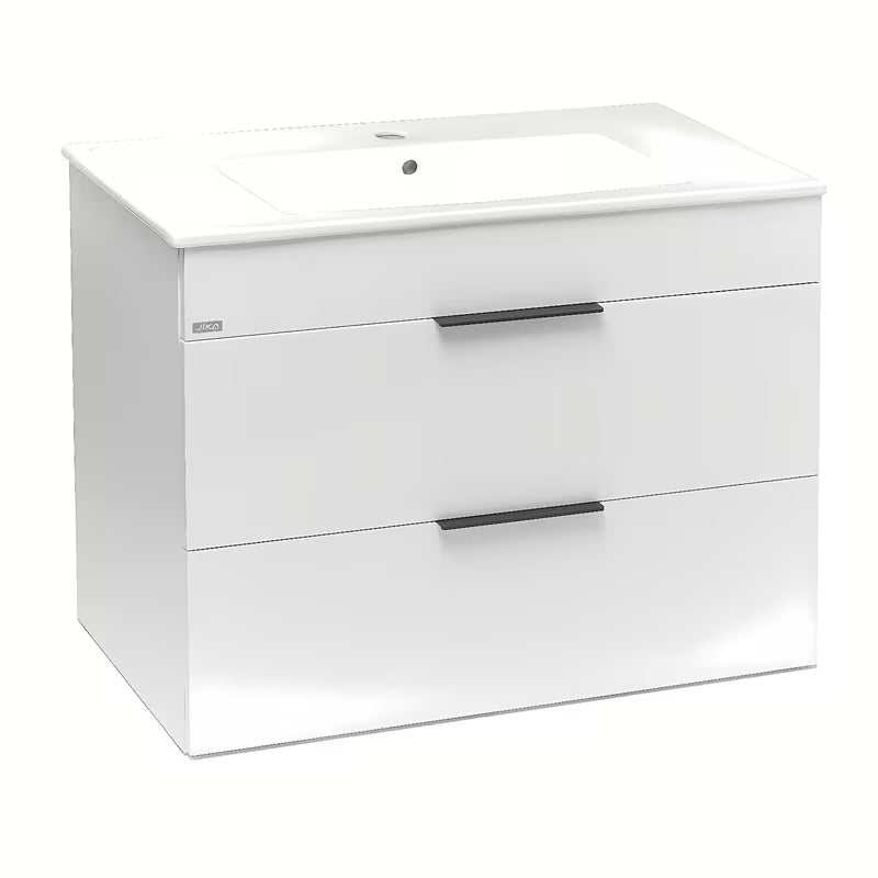 Viseća bijeli ormarić s keramičkim umivaonikom Jika Plan s ladicama i punim izvlačenjem