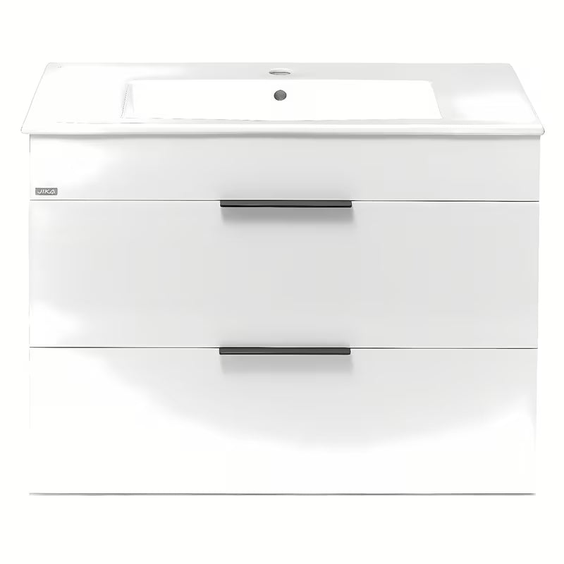 Viseća bijeli ormarić s keramičkim umivaonikom Jika Plan s ladicama i punim izvlačenjem