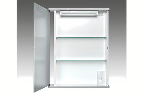 Bijeli ormarić s ogledalom Jokey Cento 50 s osvjetljenjem i ladicom, 50 x 65 x 14 cm.