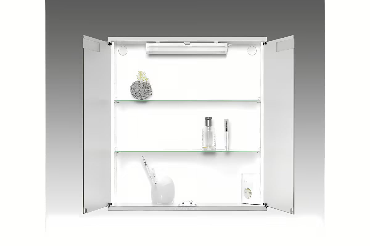 Bijeli ormarić s ogledalom Jokey Cento 60 s osvjetljenjem, zrcalnim vratima i staklenim policama.